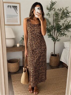 Vintage 90s Coco Bianco Leopard Print 100% Rayon Sleeveless Maxi Dress